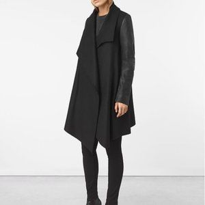 All Saints Hyde Monument Coat Black Wool Coat w/ Leather Sleeves 00